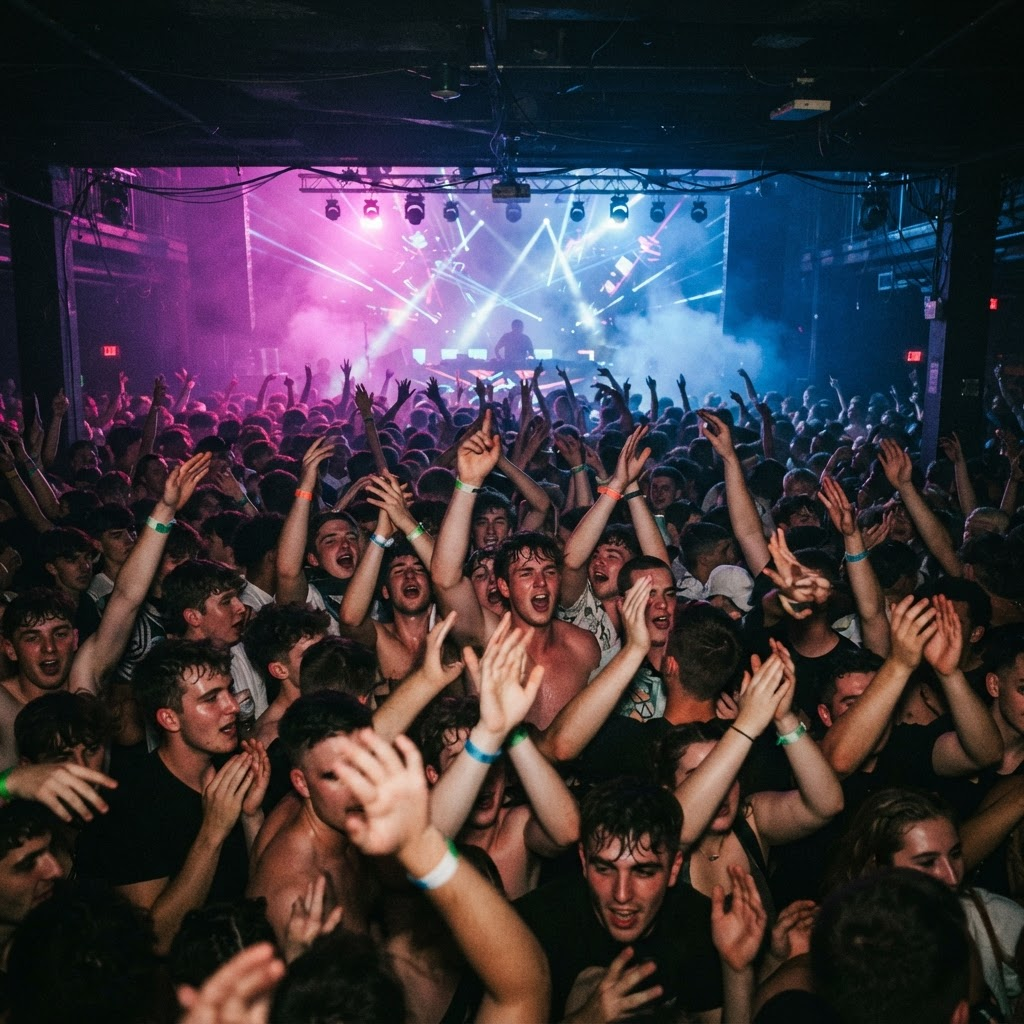 Festival crowd under neon lights