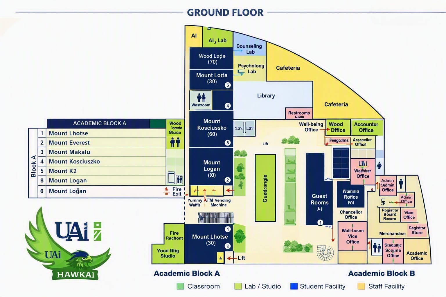 Floor plan of the ground floor showing festival venues and facilities